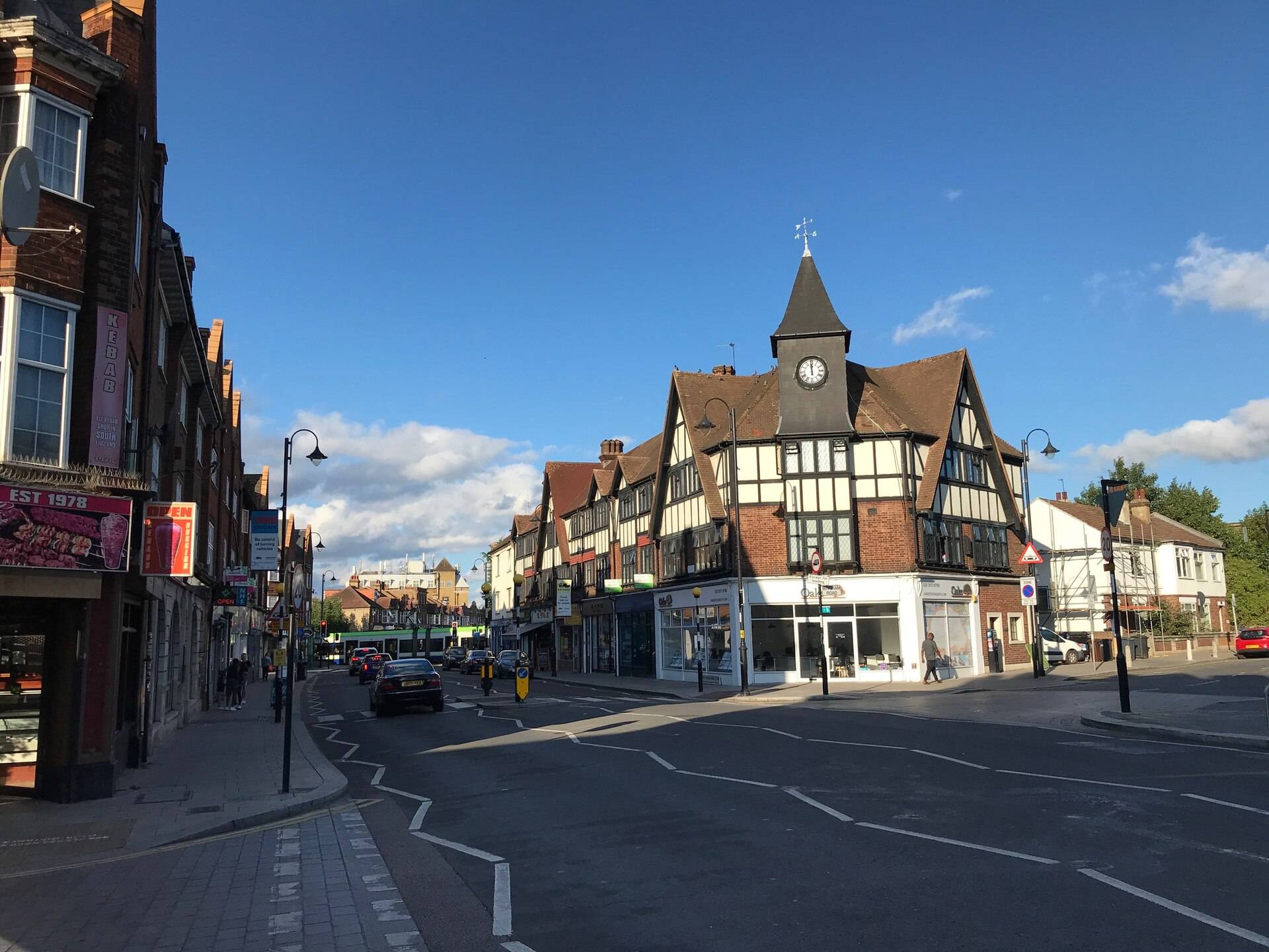 Addiscombe’s clock-tower parade of shops on a quiet morning