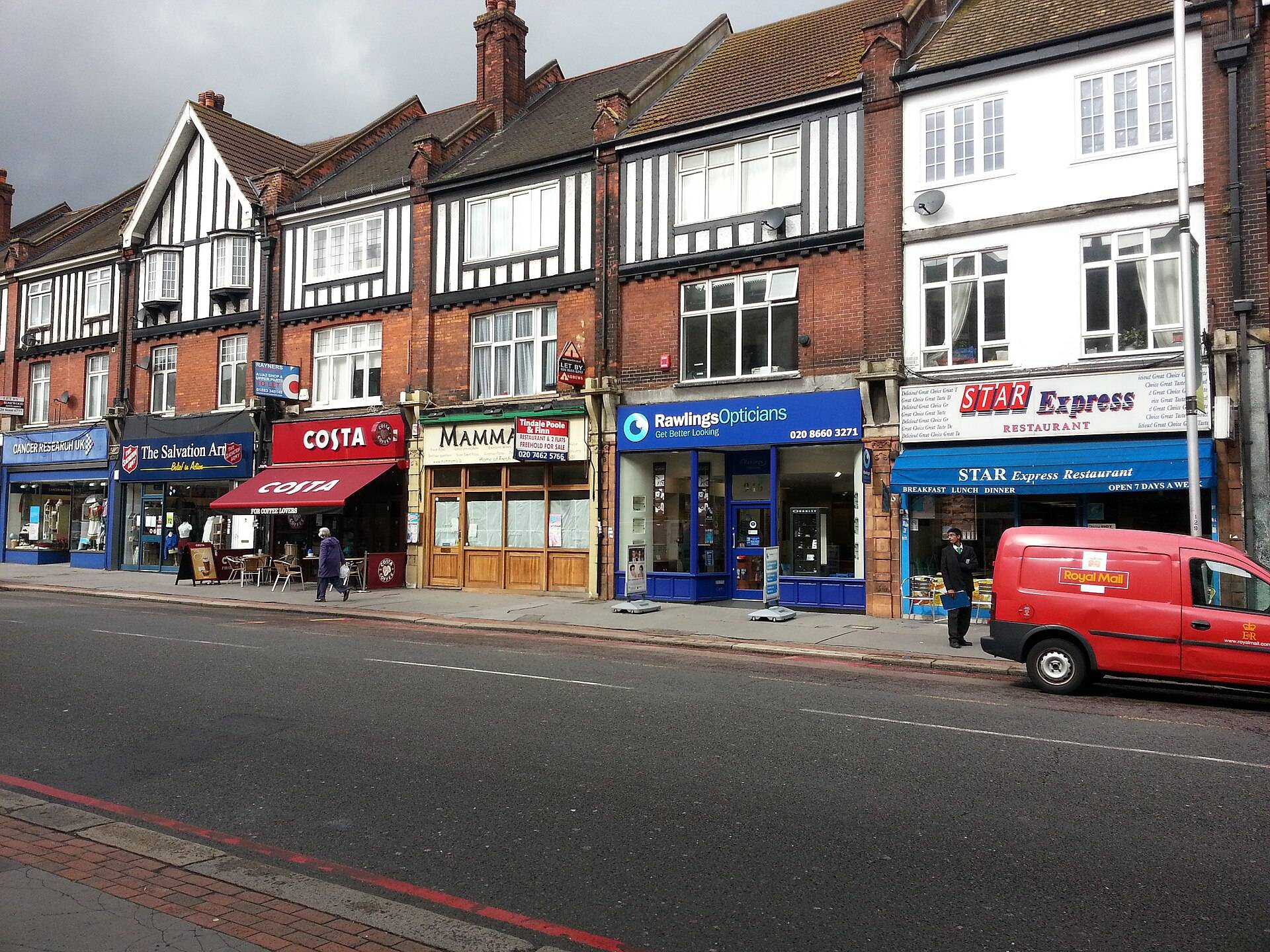 Mock-Tudor shopfronts and flats above shops in Purley, south of Croydon